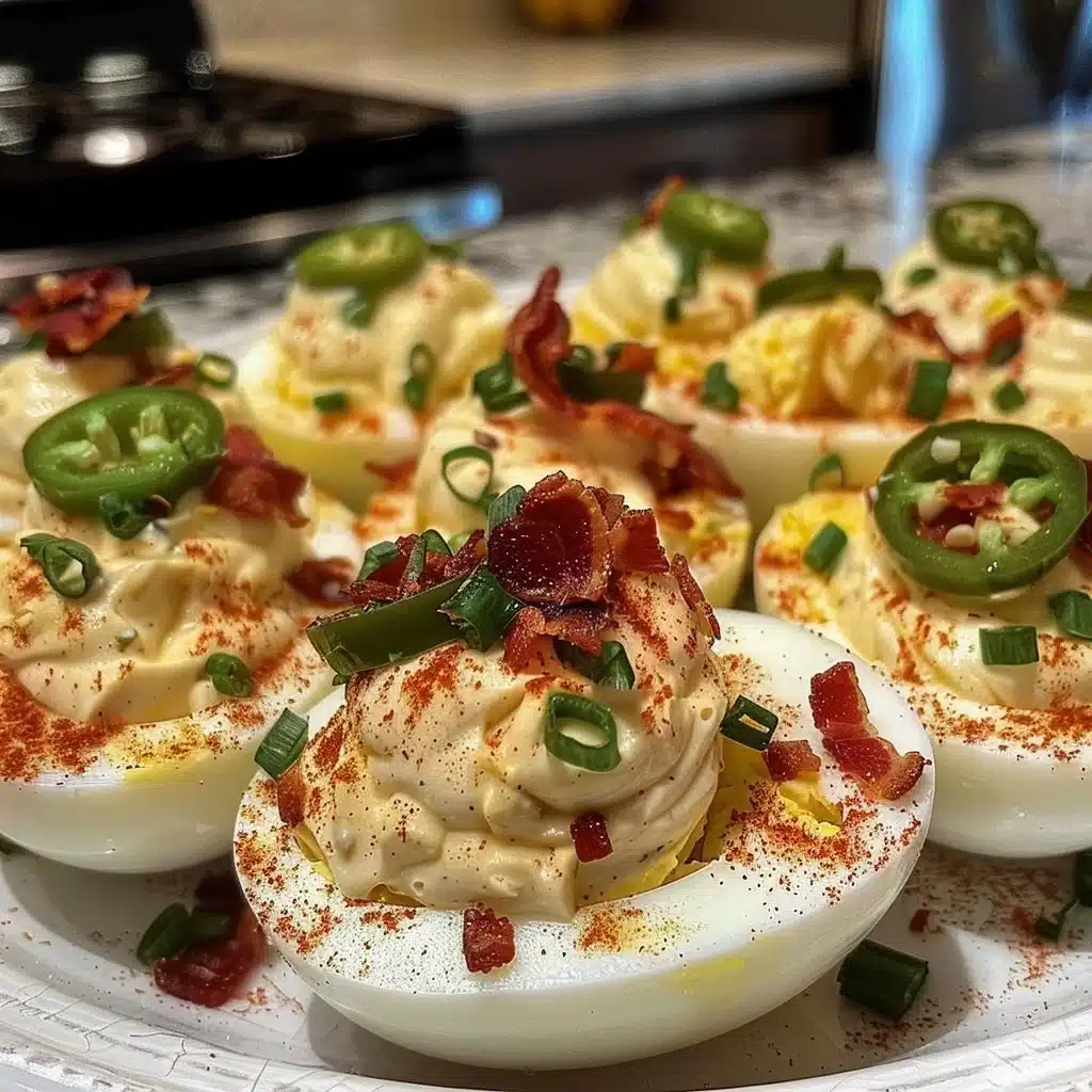 Loaded Jalapeño Popper Deviled Eggs with Bacon 1 Loaded jalapeño popper deviled eggs topped with bacon