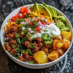 Loaded Potato Taco Bowl 3 Delicious Loaded Potato Taco Bowl topped with cheese, bacon, and fresh ingredients.