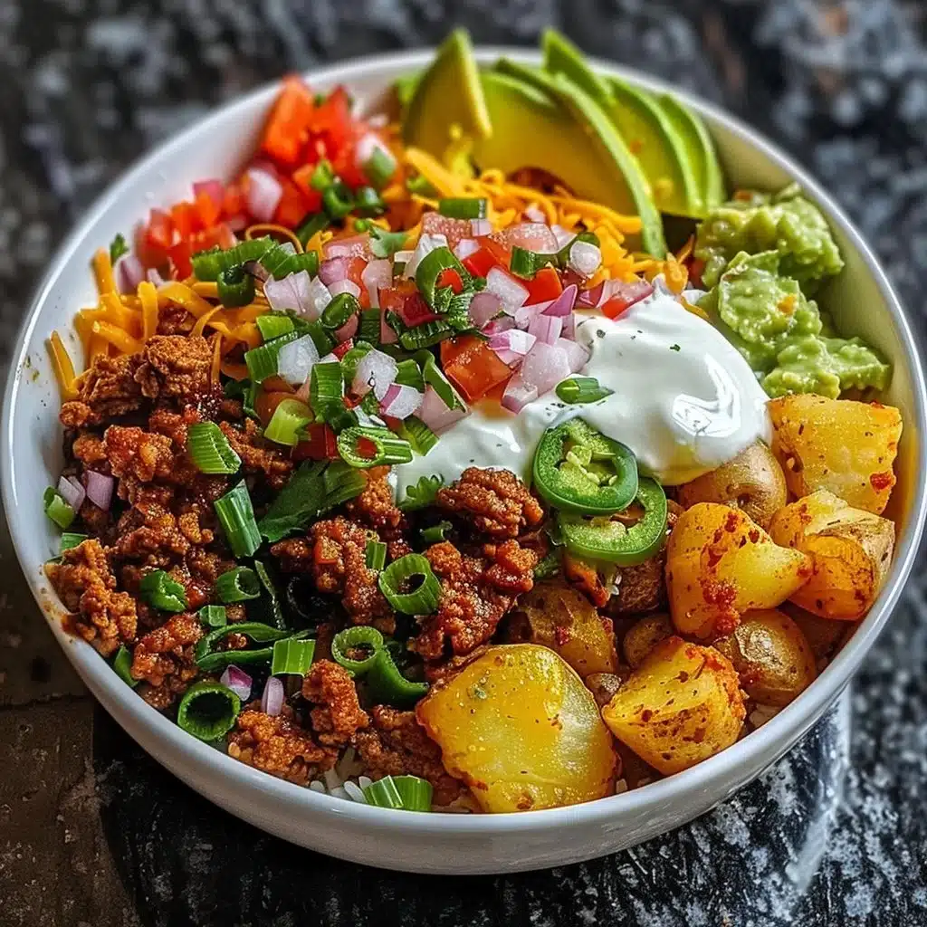 Loaded Potato Taco Bowl 1 Delicious Loaded Potato Taco Bowl topped with cheese, bacon, and fresh ingredients.