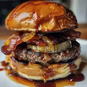 Maple Bourbon BBQ Bacon Burger with Caramelized Onions 3 Maple Bourbon BBQ Bacon Burger with caramelized onions on a grilled bun