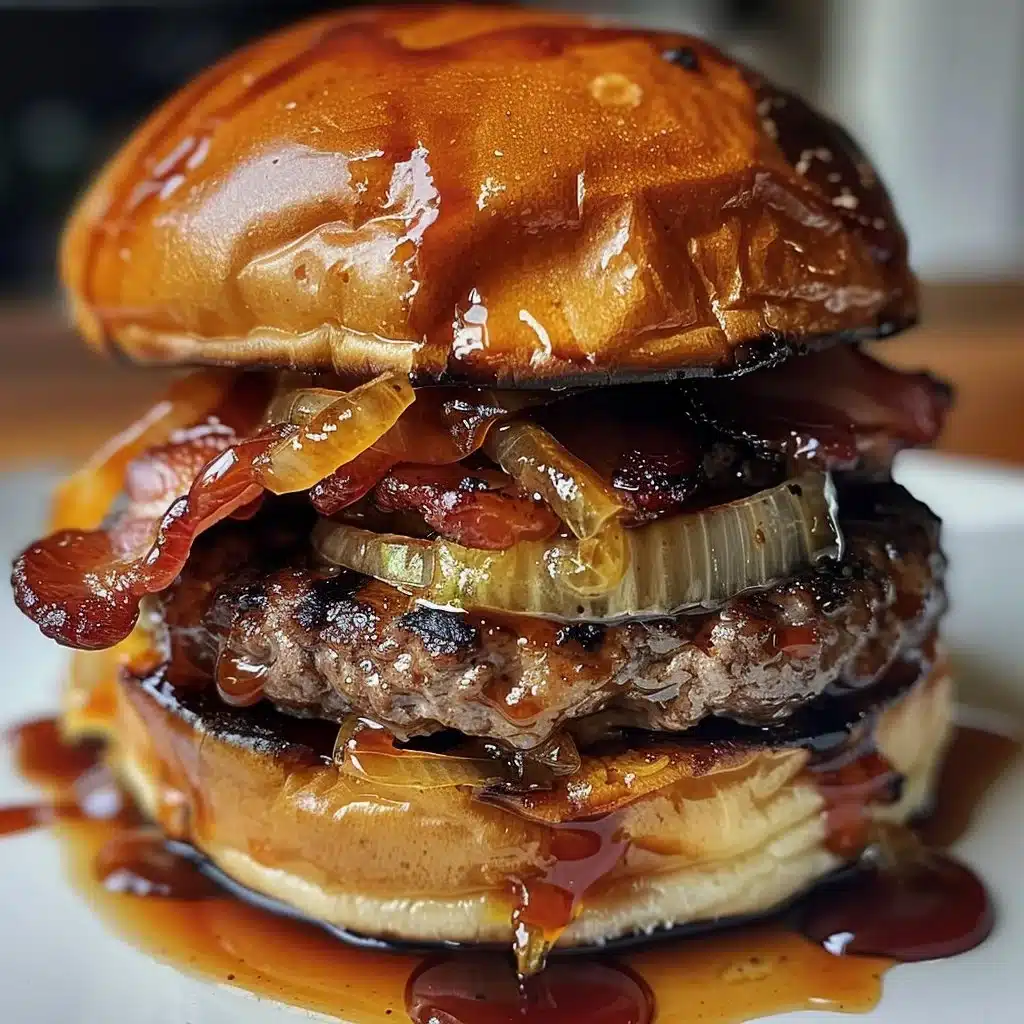 Maple Bourbon BBQ Bacon Burger with caramelized onions on a grilled bun