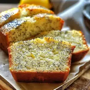 Sliced moist lemon poppy seed bread with a sprig of lemon and poppy seeds
