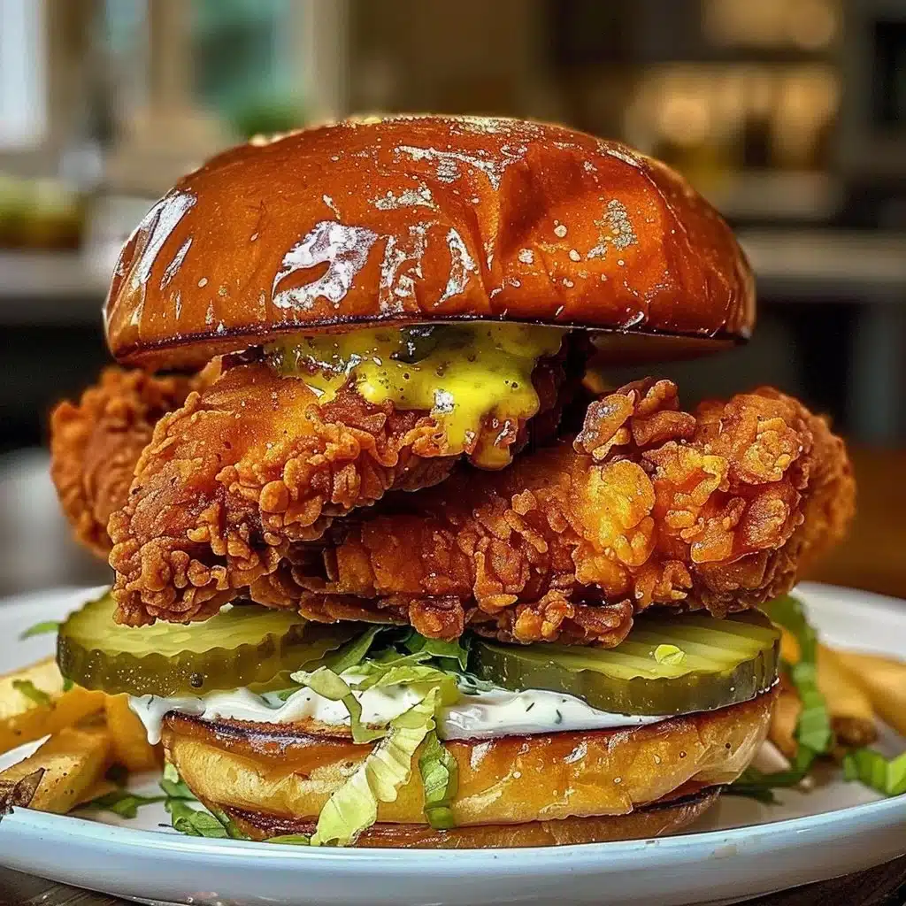 Crispy pickle brined fried chicken sandwich on a bun with pickles and lettuce