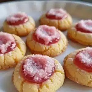 Delicious pink lemonade thumbprint cookies on a plate