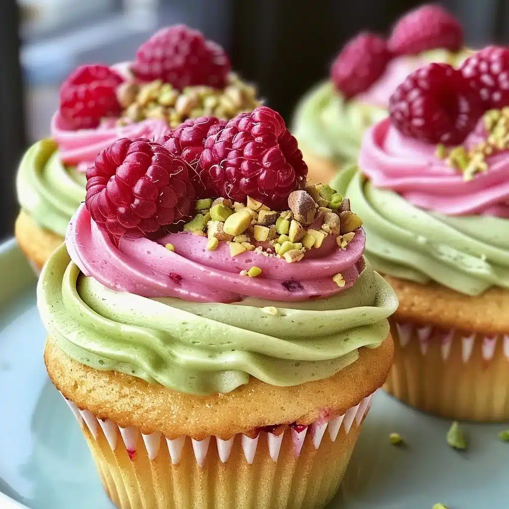 Pistachio Raspberry Cupcakes with frosting on a decorative plate