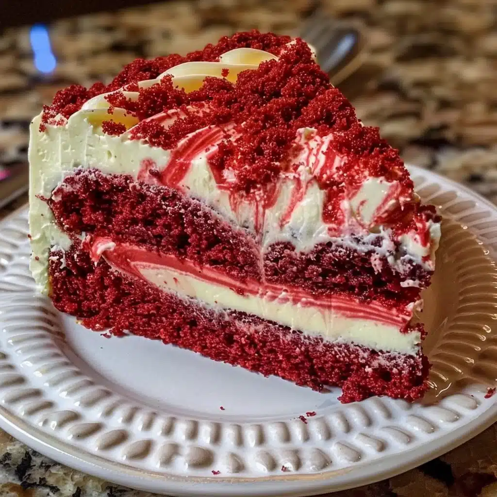 A delicious slice of Red Velvet Cheesecake Swirl Cake topped with cream cheese frosting.