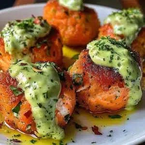 Delicious salmon balls served with creamy avocado sauce on a plate.