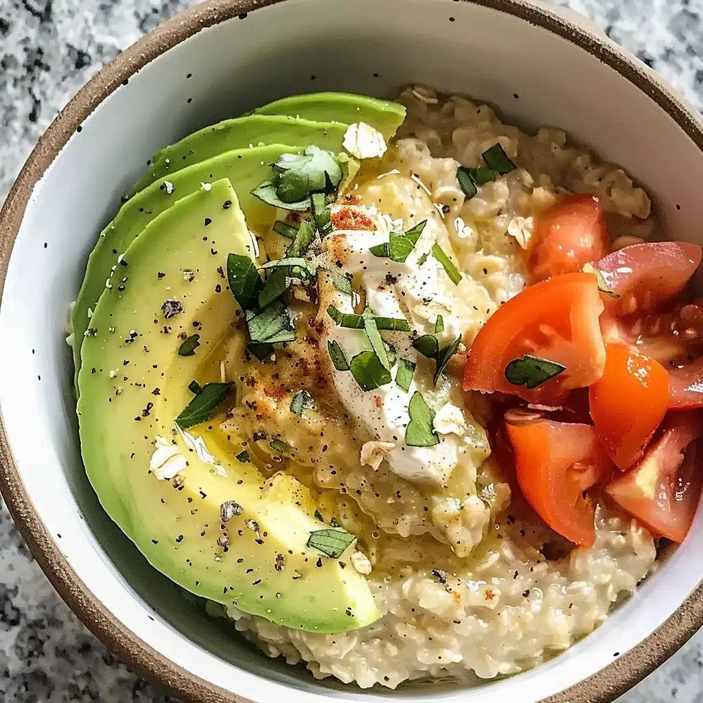 Bowl of savory avocado oatmeal topped with herbs and spices