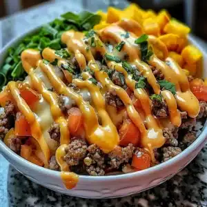 Savory Smash Burger Bowl topped with fresh ingredients and flavor