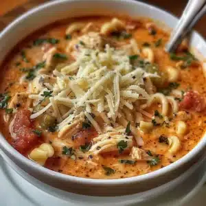 Delicious slow cooker chicken parmesan soup served in a bowl with fresh herbs.
