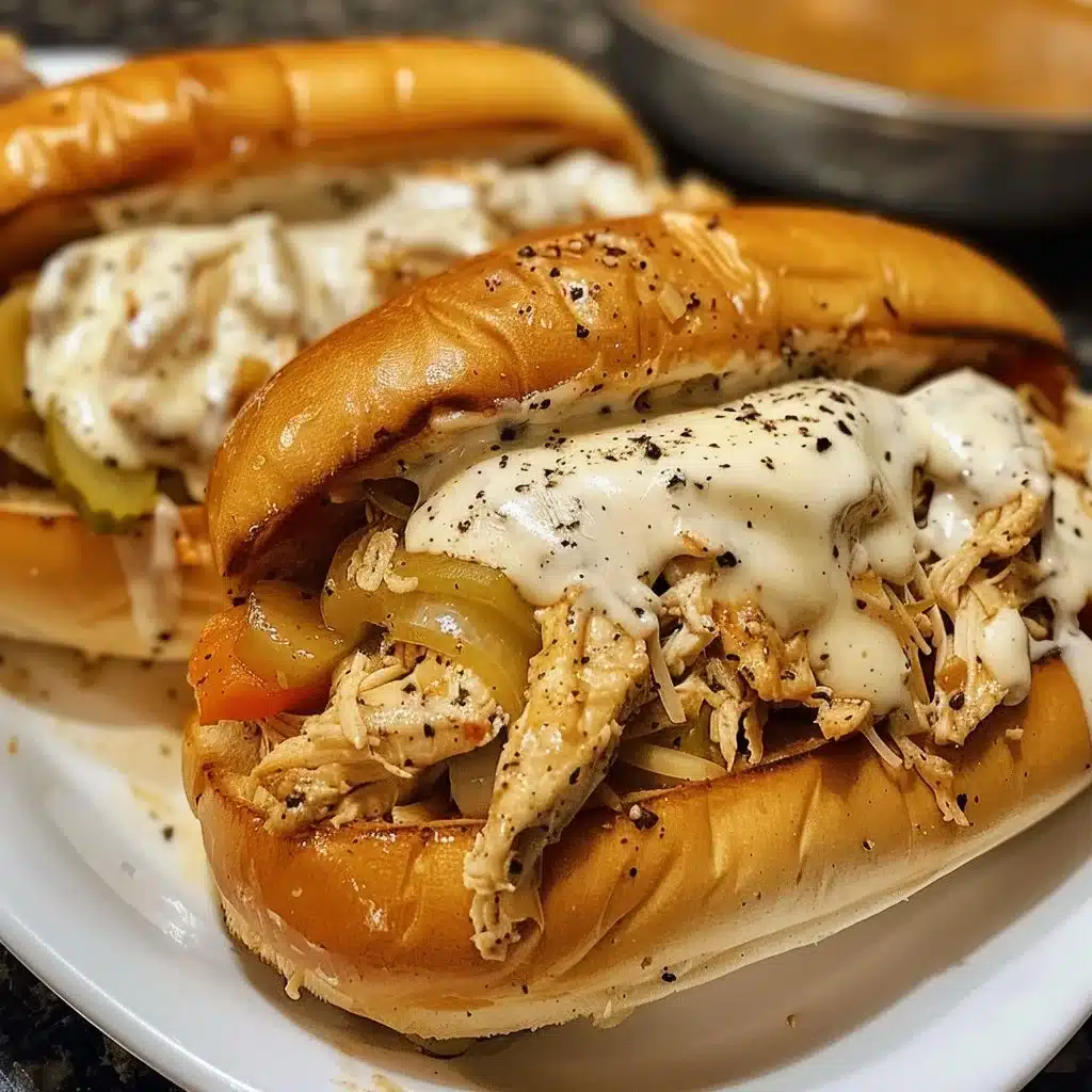 Slow Cooker Chicken Philly Sandwiches with melted cheese and peppers