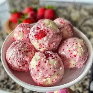 Delicious Strawberry Cheesecake Protein Balls on a plate