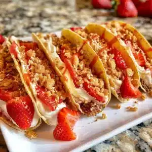 Strawberry crunch cheesecake tacos served on a plate