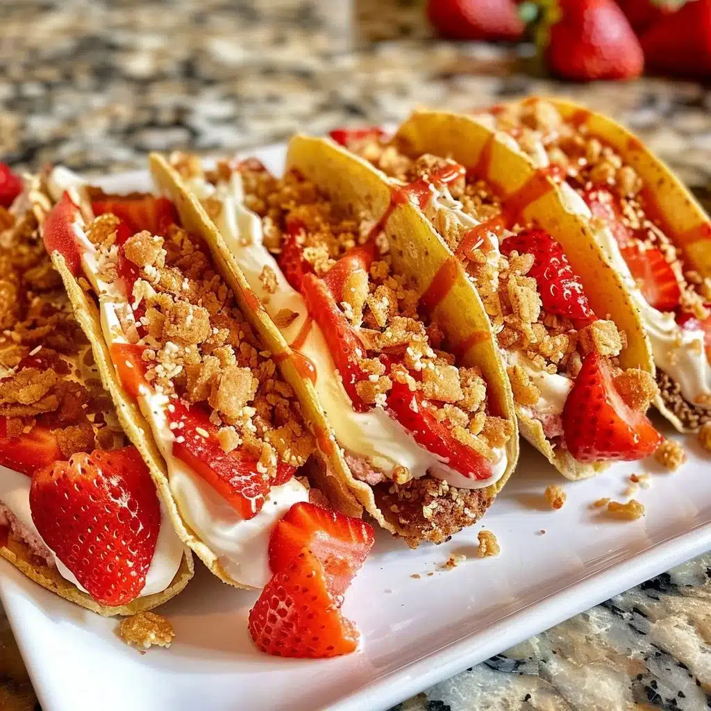 Strawberry crunch cheesecake tacos served on a plate
