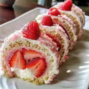 Strawberry shortcake cheesecake sushi rolls delicately plated for dessert