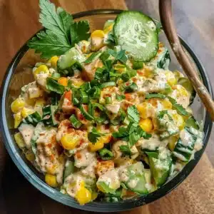 Street Corn Creamy Cucumber Chicken Salad: An Amazing Ultimate Recipe 3 Delicious Street Corn Creamy Cucumber Chicken Salad served in a bowl