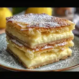 Delicious Vanilla Custard Cream Squares topped with a dusting of powdered sugar.