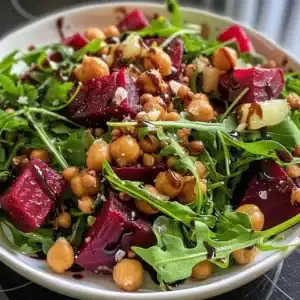 Arugula chickpea roasted beet salad with balsamic dressing on a plate.