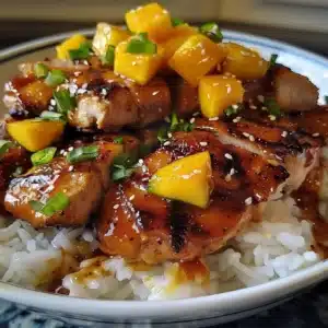 Plate of Asian Mango Glazed Chicken garnished with green onions and sesame seeds.