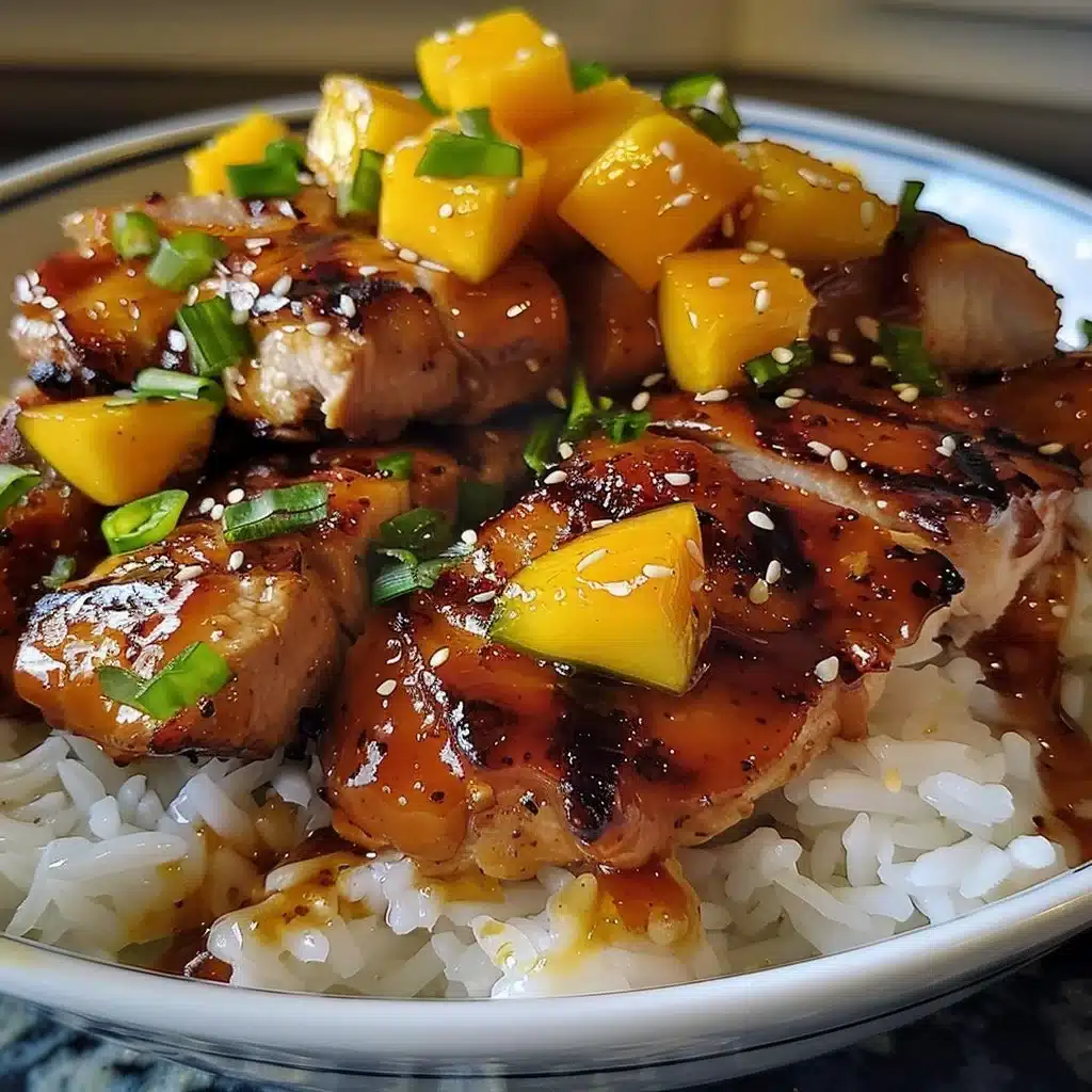 Plate of Asian Mango Glazed Chicken garnished with green onions and sesame seeds.