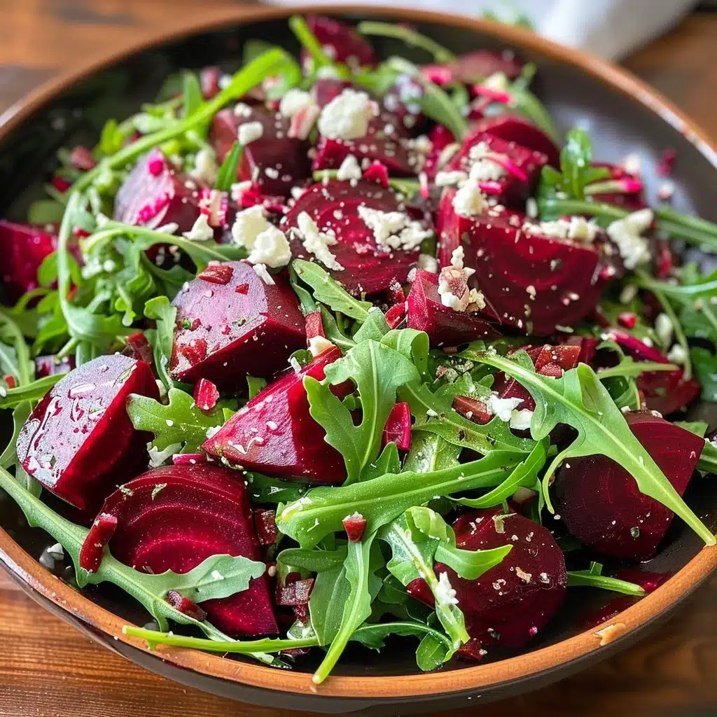 Colorful beet salad with arugula and vinaigrette dressing