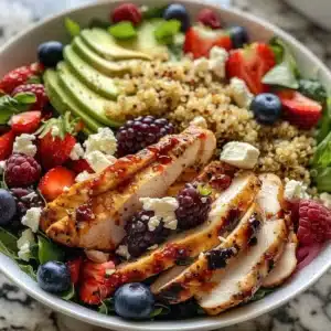 Berry Chicken Quinoa Salad Recipe 3 Colorful berry chicken quinoa salad with vibrant ingredients