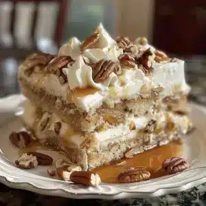 Delicious Butter Pecan Tres Leches Cake topped with nuts and cream