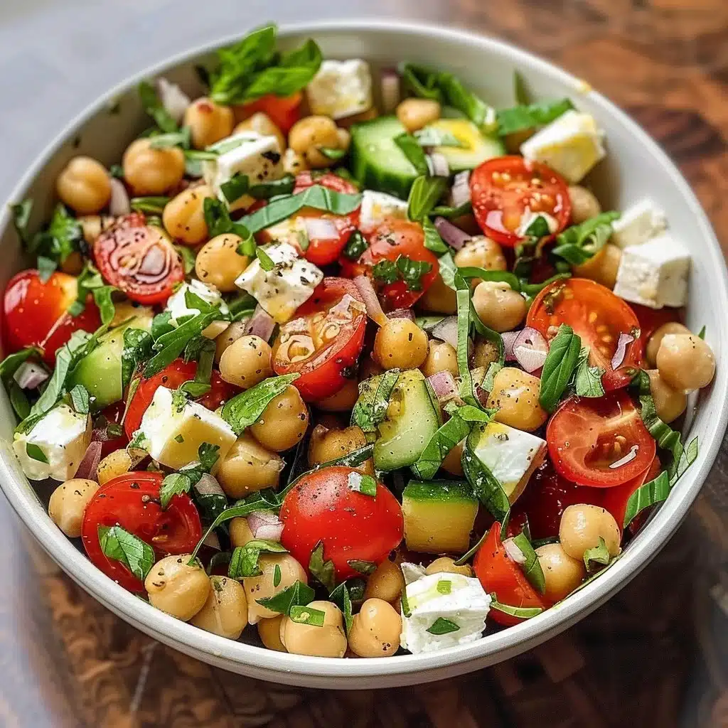 Delicious Caprese Chickpea Salad featuring fresh tomatoes, basil, and chickpeas