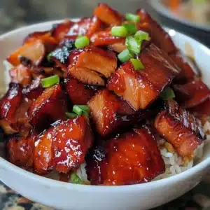Plate of Char Siu Chicken with vibrant glaze and garnish