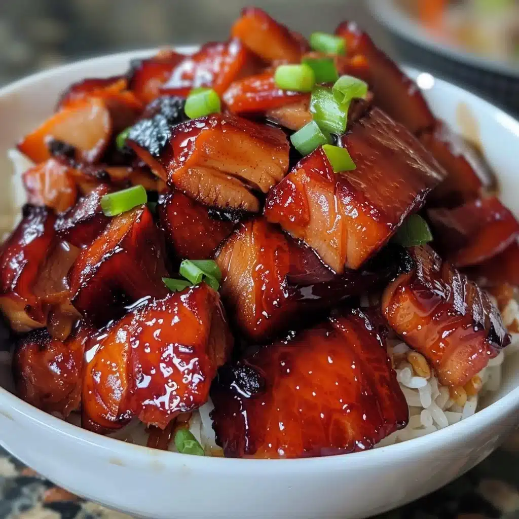 Plate of Char Siu Chicken with vibrant glaze and garnish