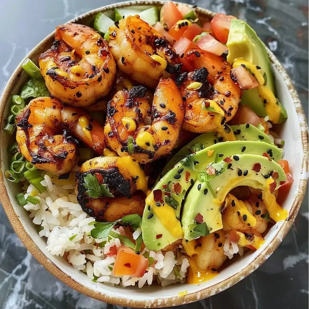 Charred shrimp and avocado bowl garnished with fresh herbs and lime.