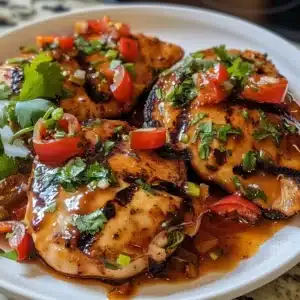 Plate of Chicken Diablo showcasing spicy chicken with colorful vegetables.