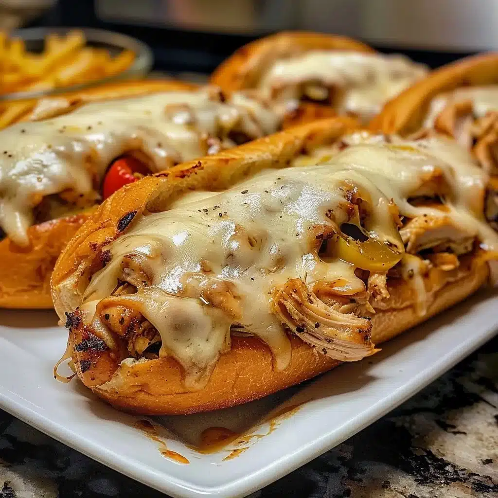 Delicious Chicken Philly Cheese Steaks served with melted cheese and peppers