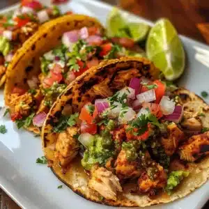 Delicious Chicken Street Tacos served with fresh toppings and lime wedges