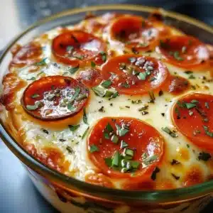 Cottage cheese pizza bowl topped with fresh vegetables and herbs