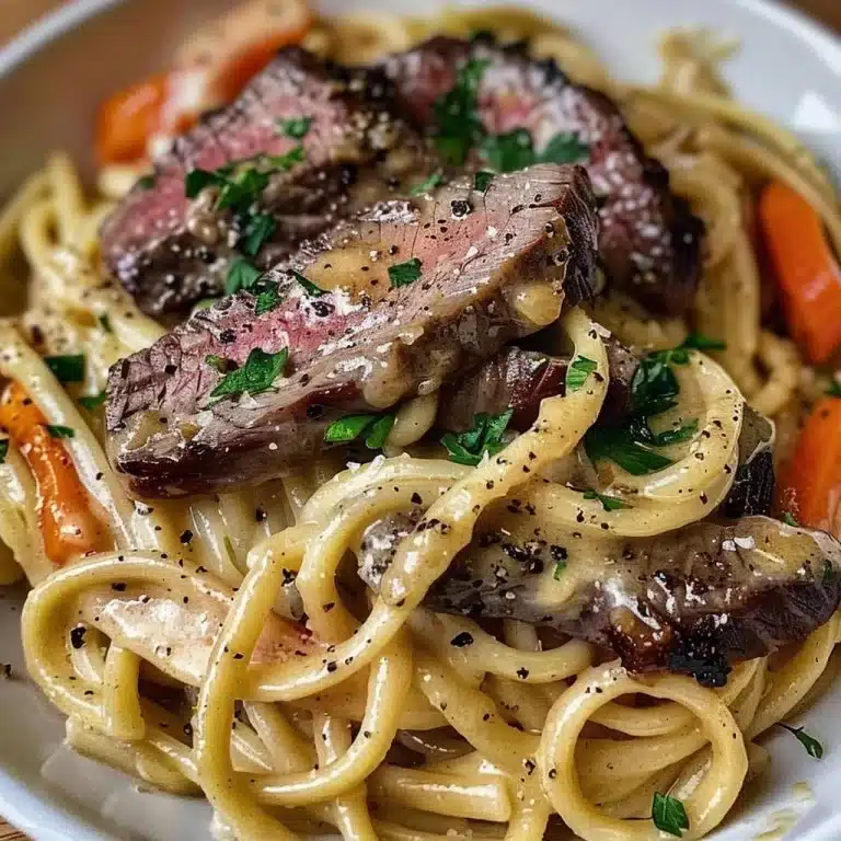 Delicious Cowboy Butter Steak Linguine served on a plate with a side of vegetables.