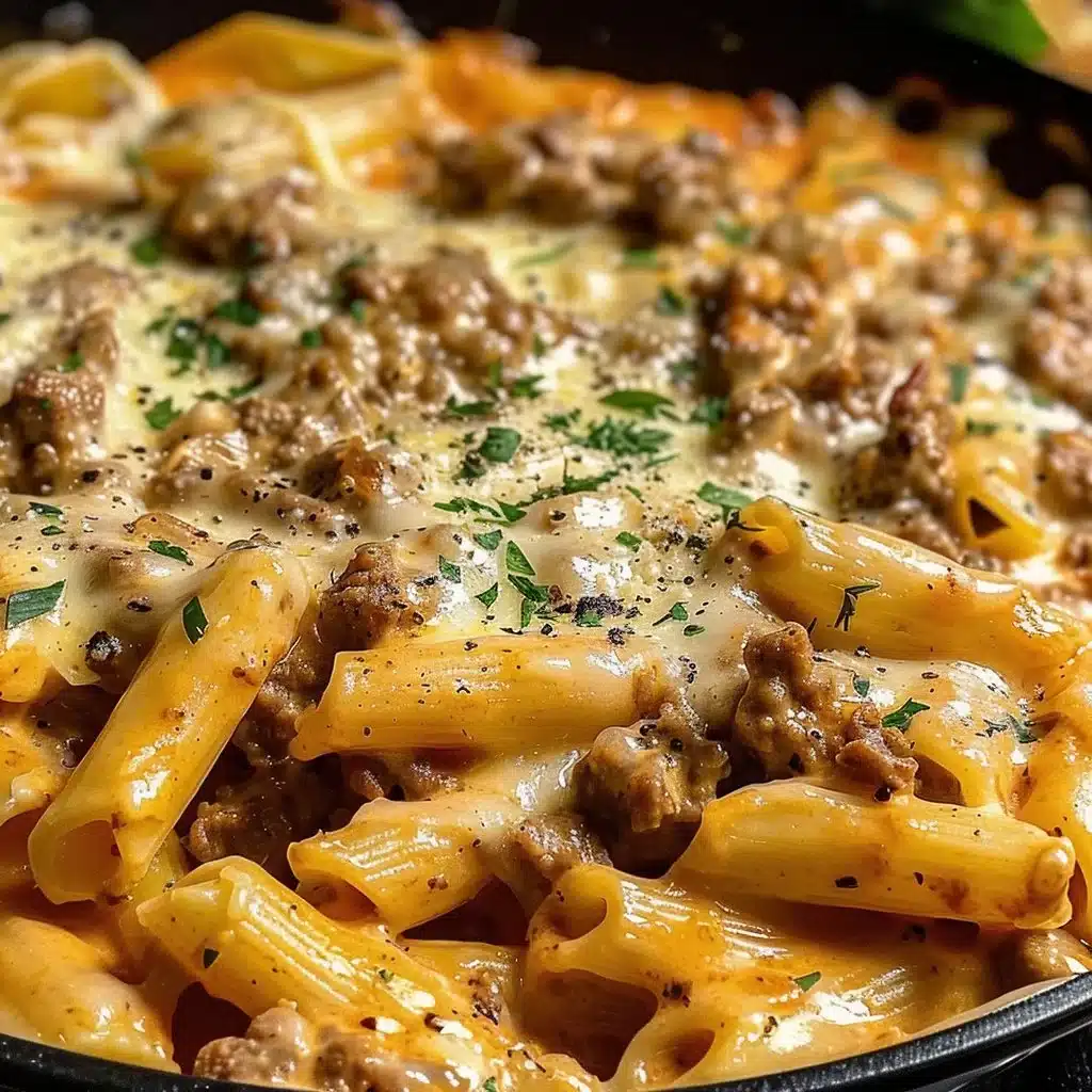 Creamy beef pasta dish served in a bowl, garnished with parsley.