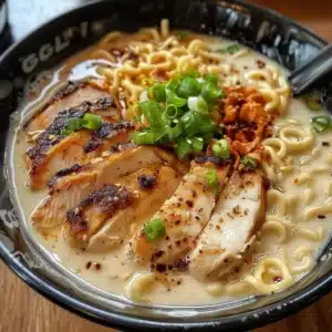 Bowl of creamy garlic chicken ramen topped with green onions and soft-boiled egg