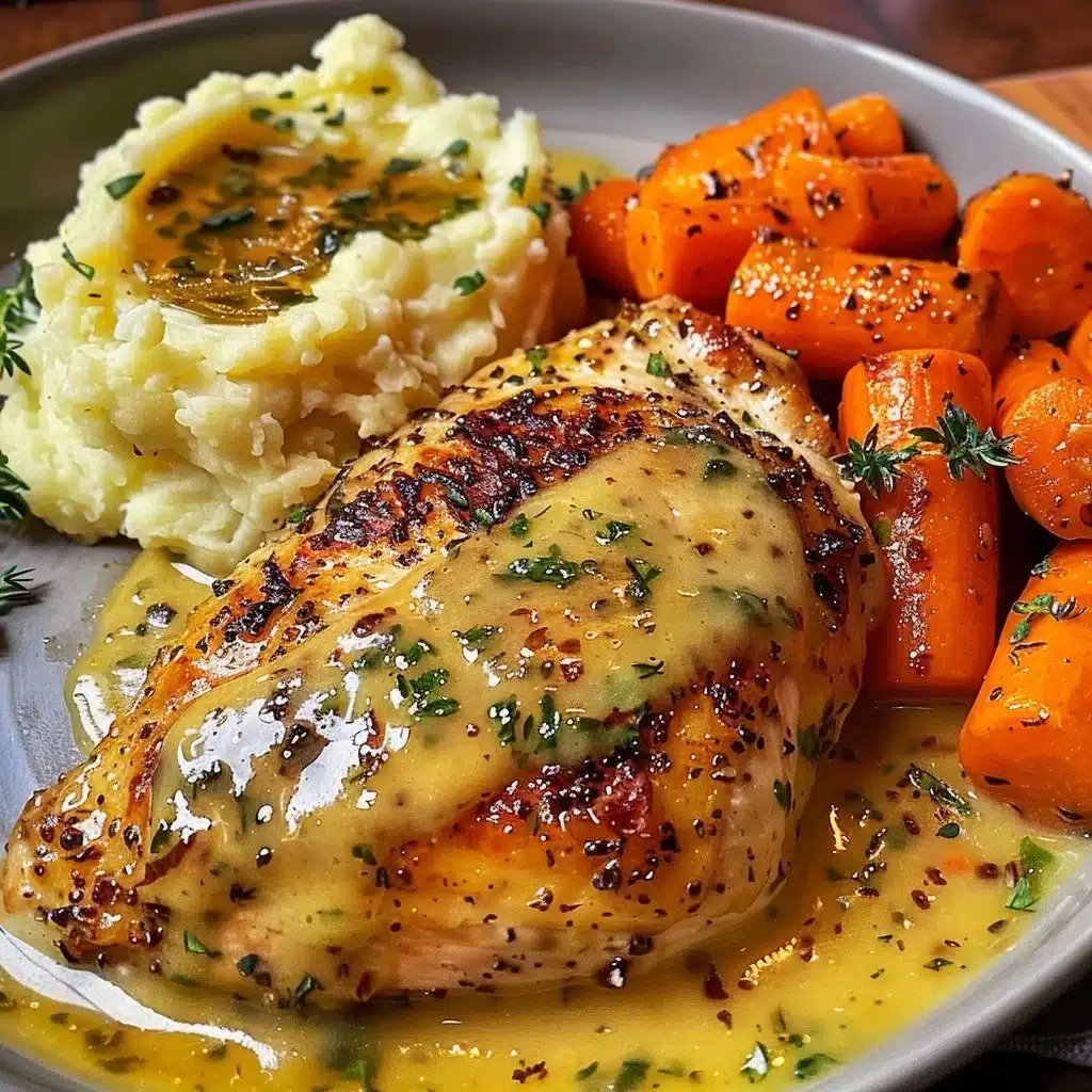Creamy Herb Chicken with Mashed Potatoes and Glazed Carrots on a plate