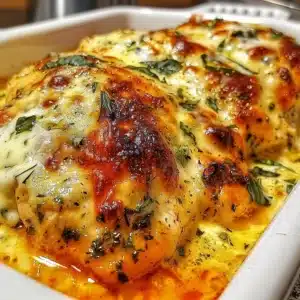 Creamy ricotta chicken bake served on a plate with herbs and side vegetables