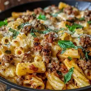Creamy Tuscan ground beef pasta served in a bowl with herbs