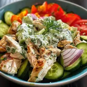 Delicious Tzatziki Chicken Salad served in a bowl with fresh herbs and veggies