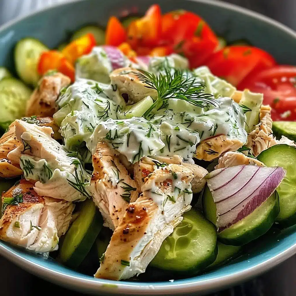 Delicious Tzatziki Chicken Salad served in a bowl with fresh herbs and veggies