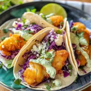 Crispy Baja fish tacos served with fresh toppings and lime