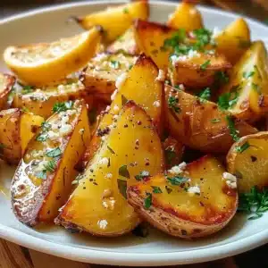 Crispy Lemon Greek Potatoes served on a plate garnished with herbs