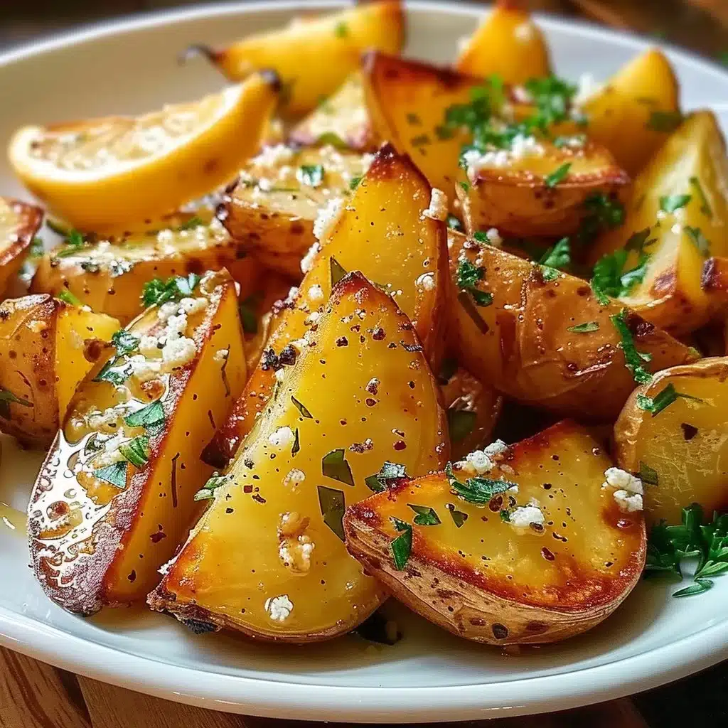 Crispy Lemon Greek Potatoes served on a plate garnished with herbs