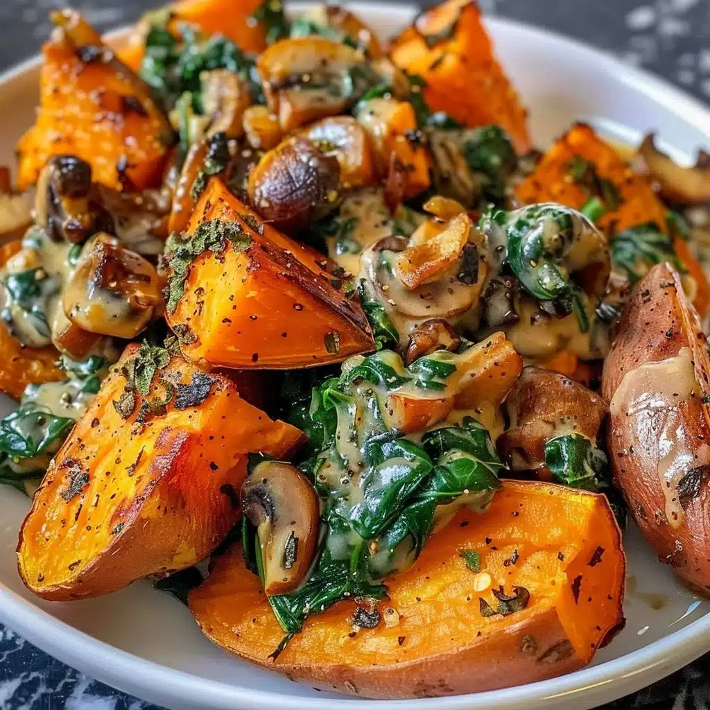 Crispy roasted sweet potatoes with creamy mushrooms and spinach on a plate.
