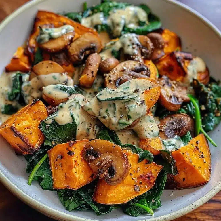 Crispy Roasted Sweet Potatoes with Creamy Mushrooms and Spinach
