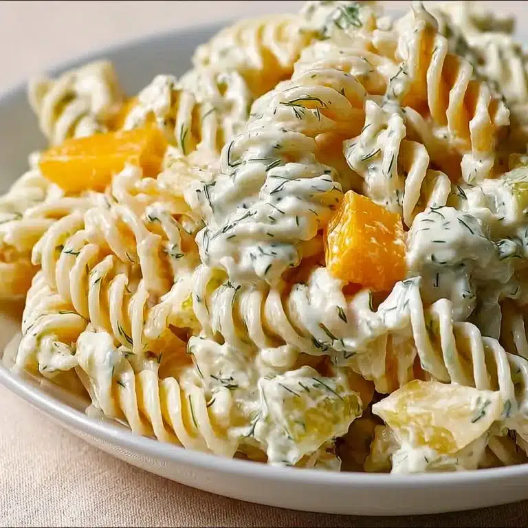 Delicious Dill Pickle Pasta Salad served in a bowl