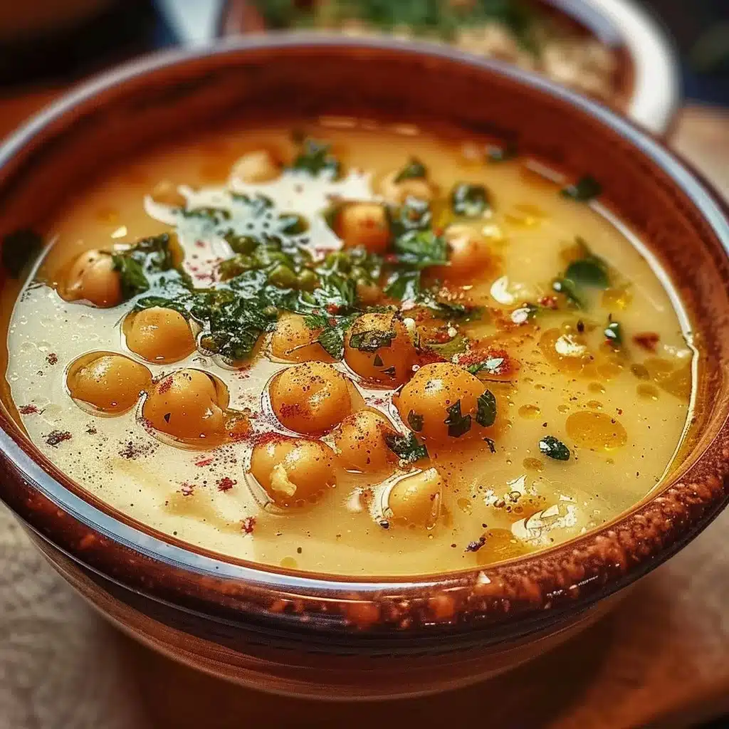 Delicious Garlic Chickpea Soup in a bowl with fresh herbs